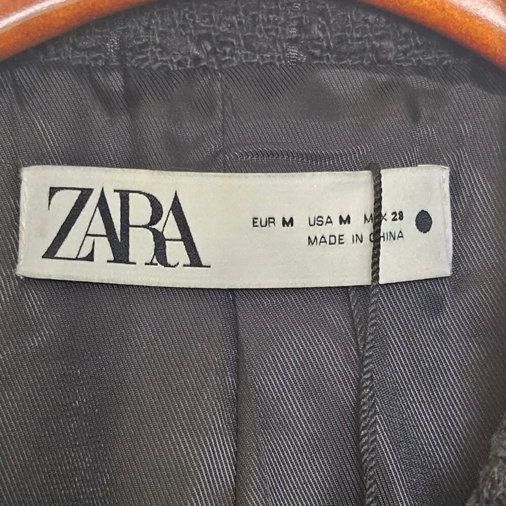Zara Double Breasted Tweed Black Blazer with Gold Buttons Size Medium